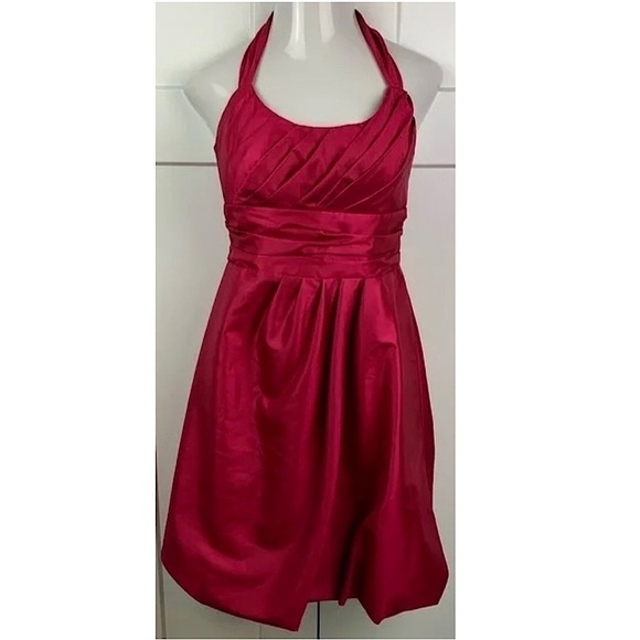 DAVID’S BRIDAL Halter Pleated Sleeveless Empire Waist Bubble Skirt Midi Dress 4 - Picture 1 of 4